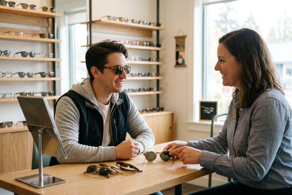 Optician and smiling customer trying on sunglasses at a table in an eyewear shop with display shelves.