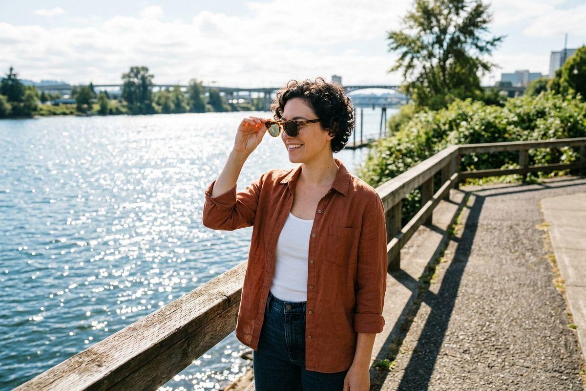 Person in rust shirt smiling, holding sunglasses, standing by a wooden railing beside a river with a bridge in the distance.