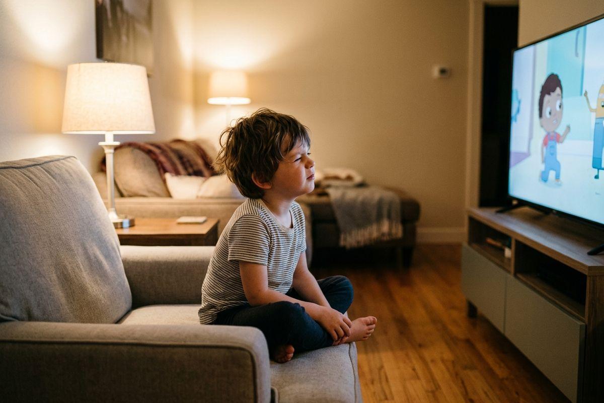 Child sitting cross-legged on a couch, watching a cartoon on a TV in a dimly lit living room.