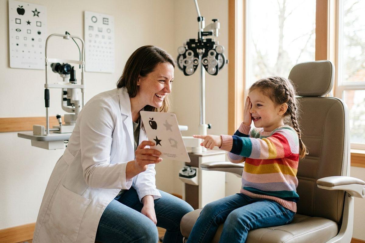 Optometrist holds a symbol chart while a smiling child covers one eye and points, during an eye exam in a clinic.