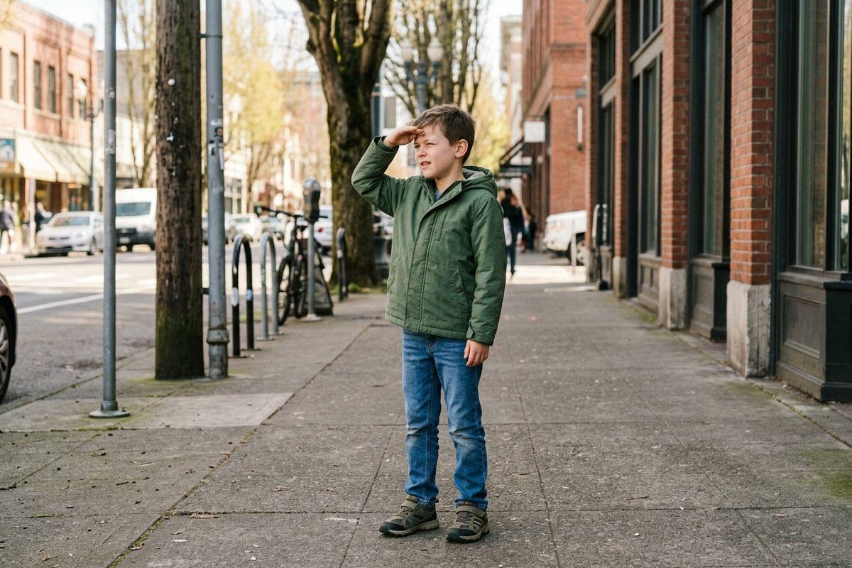 Child in green jacket and jeans stands on a city sidewalk, shielding eyes with hand while looking into the distance.