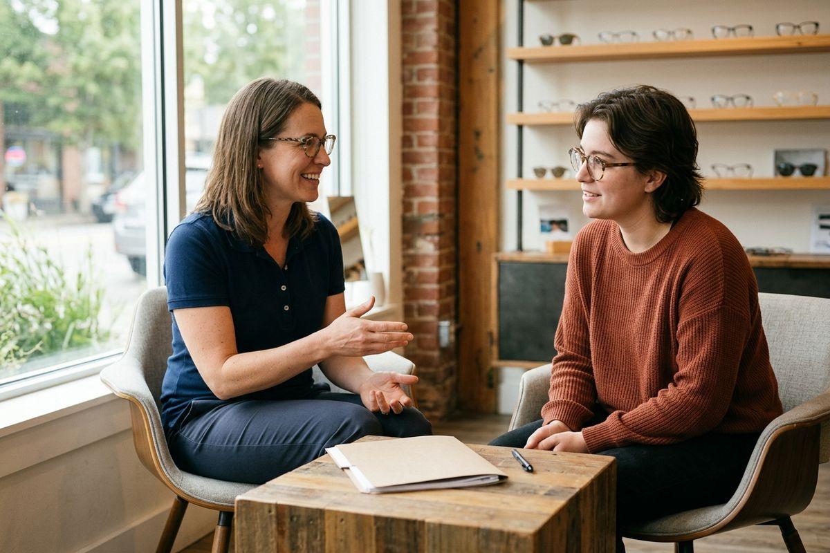Optometrist talking to a person in an eyewear shop, glasses displayed on shelves behind them, folder on a wooden table.
